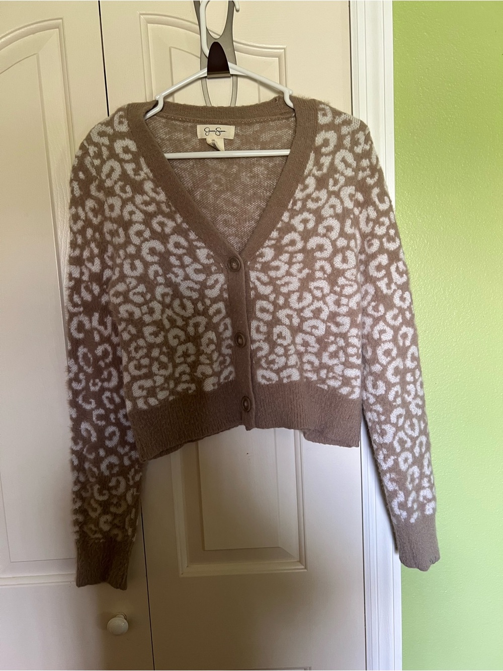 Jessica Simpson Taupe and Cream Leopard Print Cropped Cardigan